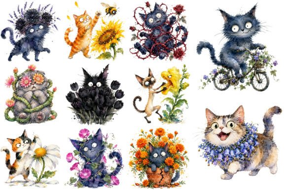 Download Whimsical Floral Kitten Clipart PNG - Kitten Collection
